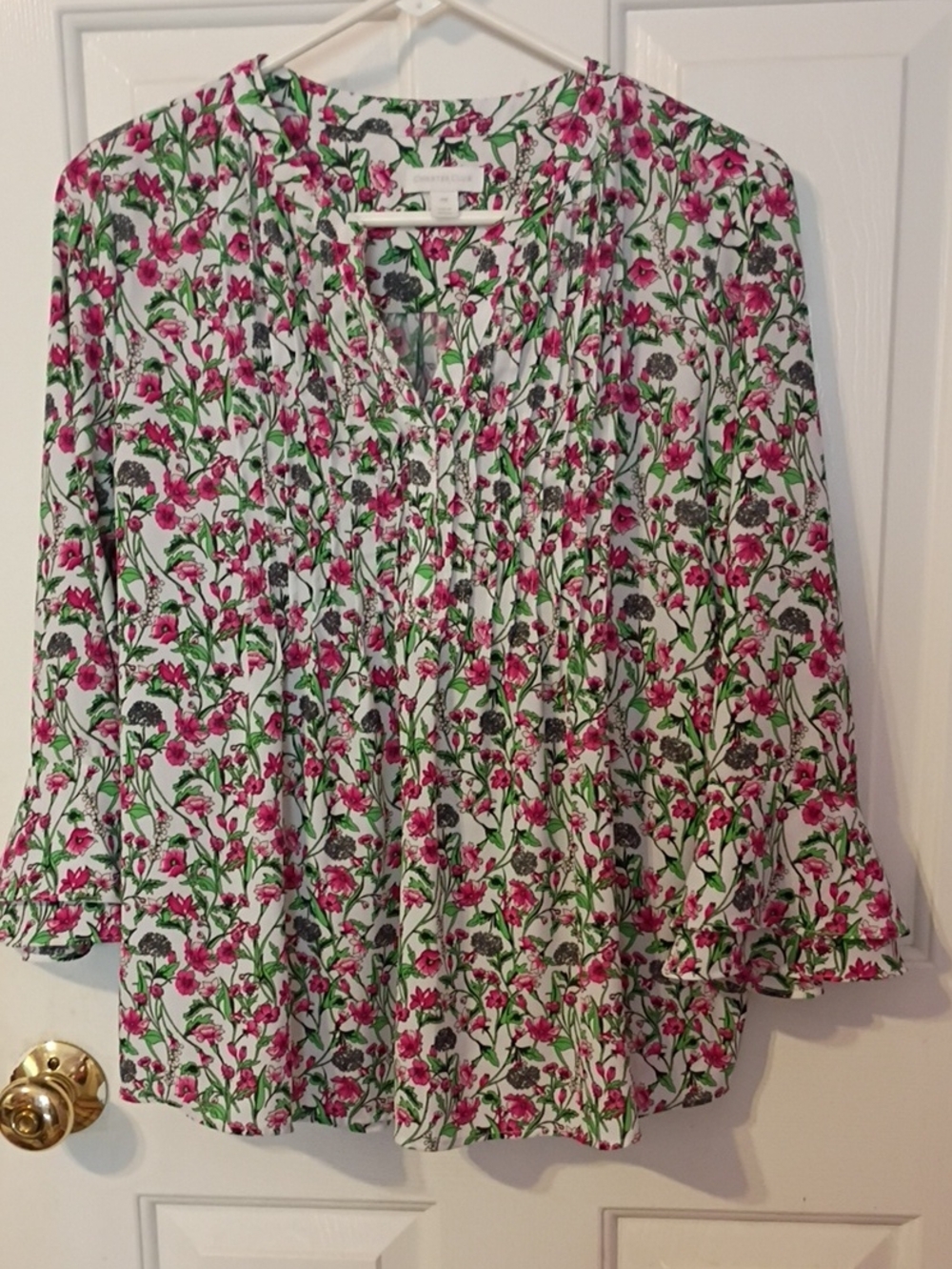Ladies Charter Club Floral Pink and Green V-Neck Women's Blouse
